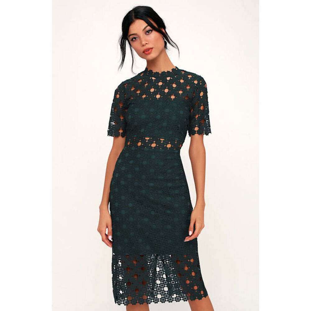 Lulus Heartfelt Dark Teal Green Lace Bodycon Midi Dress - Size S